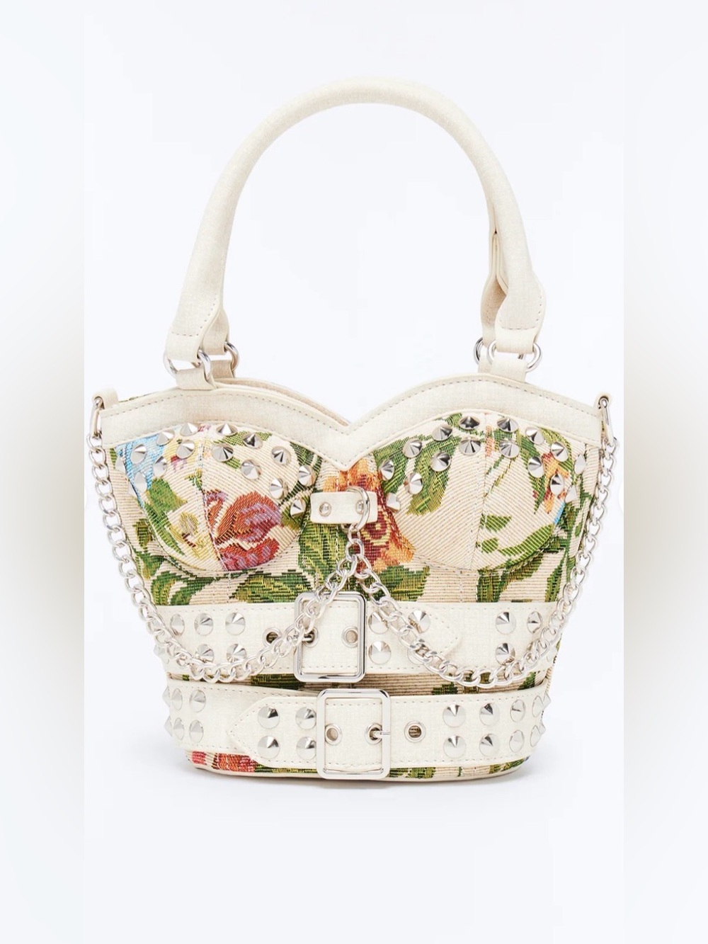 Dolls Kill Floral Embroidered Cream Bucket Handbag with Studded Chain Detail